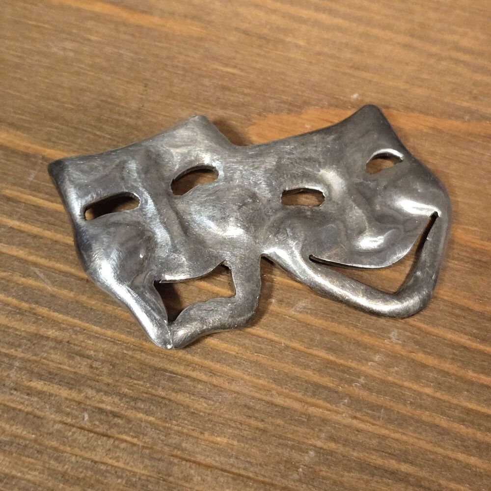 Strlg Silver Comedy Tragedy Theatre Masks Pin Brooch Vintage Mexico 925 Sterling